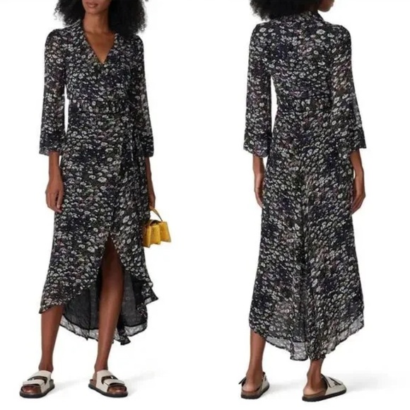 GANNI Black Floral High Low Wrap Dress Small (36) Flattering Silhouette Feminine - Picture 1 of 17